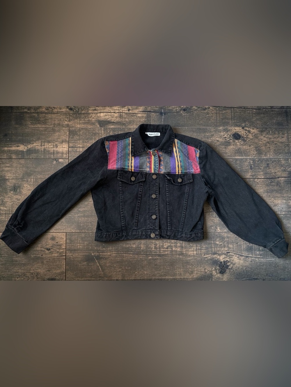 Vintage 90s Niki-Lee California Denim Jacket Womens M Aztec Southwestern Black